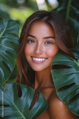 A young woman smiling amid large green leaves in a bright tropical setting du...