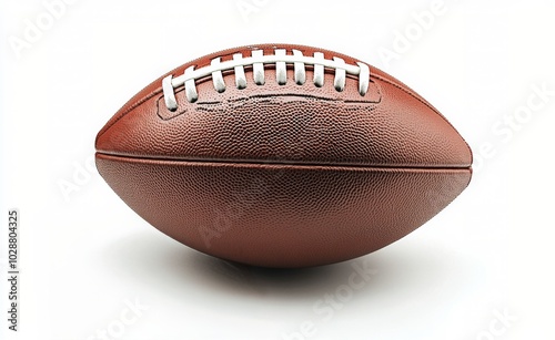 A close up view of a classic brown football displayed on a clean white backgr...