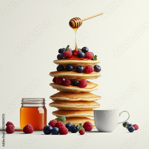 Delicious stack of pancakes topped with honey and fresh berries on a minimali...
