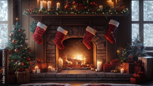 Cozy Christmas fireplace adorned with stockings, decorations, and glowing can...