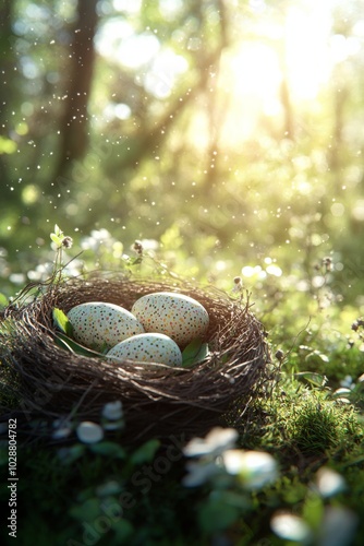 A close up of a bird nest with speckled eggs surrounded by lush greenery at dawn