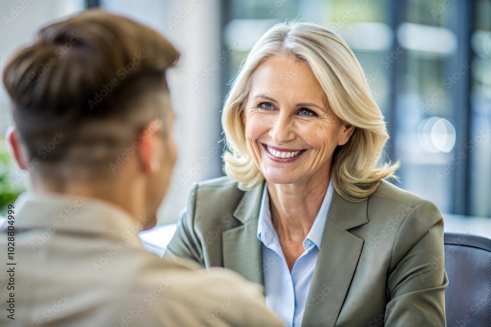 Happy Caucasian businesswoman engaging in conversation Happy Caucasian businesswoman engaging in conversation