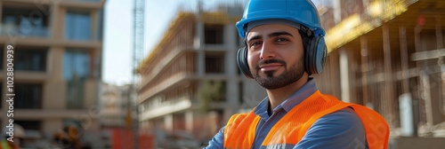 Construction worker wearing protective gear at a building site during daytime...