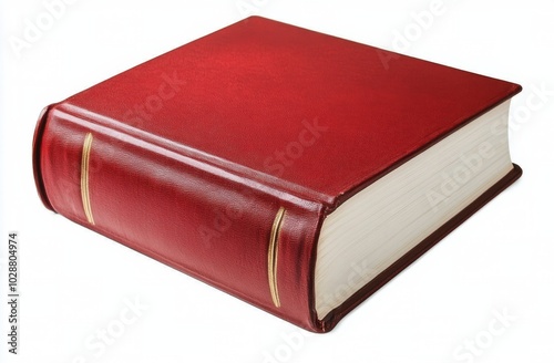A classic red hardcover book resting on a clean white surface in bright light