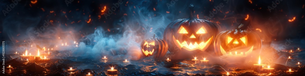 A dark and eerie Halloween scene featuring glowing jack-o'-lanterns in the mist, surrounded by flickering candles and smoke, creating a haunting holiday atmosphere.
A dark and eerie Halloween scene featuring glowing jack-o'-lanterns in the mist, surrounded by flickering candles and smoke, creating a haunting holiday atmosphere.