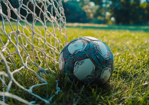A close up view of a soccer ball on green grass in a well maintained sports f...