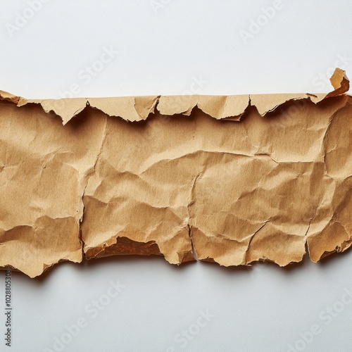 A vintage piece of torn brown paper with rugged edges and crumpled texture ly...