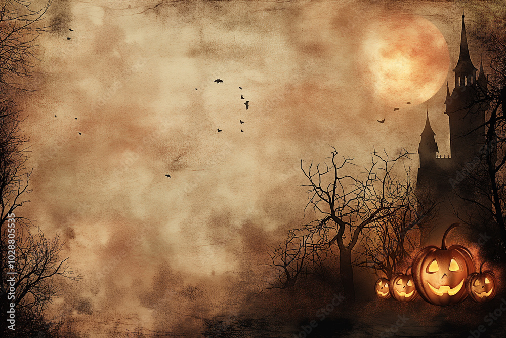 Fototapeta premium Halloween card background frame image, castel and jack-o'-lantern frame image