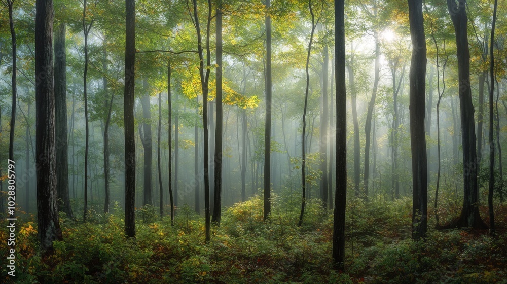 Fototapeta premium Sunbeams Filtering Through a Foggy Forest