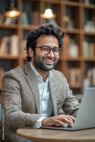 A smiling man works on his laptop in a cozy library setting during the day