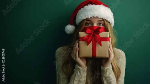 A young woman in a festive hat holds a wrapped gift close to her face for the...