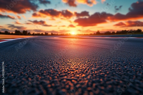 A winding racetrack under a vibrant sunset sky in a serene rural setting
