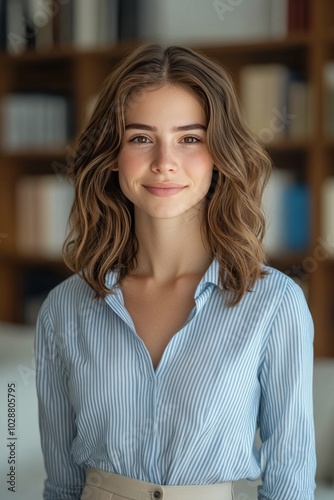 Young woman with long hair smiles in a cozy library setting during daylight h...