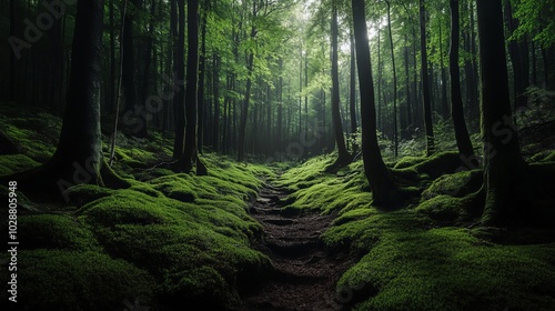 Mystical Forest Path: Sunlight Through the Trees