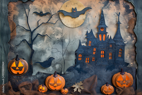 Halloween card background frame image, castel and jack-o'-lantern frame image