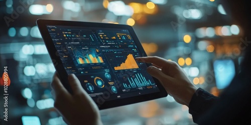 An individual analyzes stock market trends on a laptop in a city setting at n...