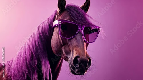 Horse posing with sunglasses and purple mane on purple background