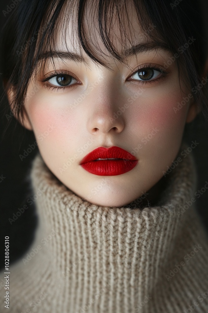 Elegant Japanese Woman with Red Lips in a Cozy Knit Sweater Elegant Japanese Woman with Red Lips in a Cozy Knit Sweater