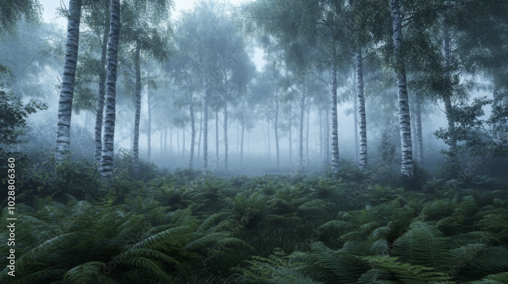 Fototapeta premium A Misty Birch Forest with Ferns in the Foreground