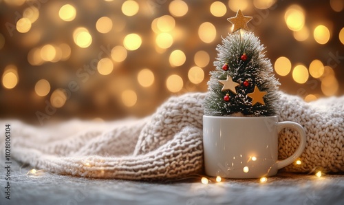 Mini Christmas tree in a cozy mug on a knit blanket with festive lights behin...