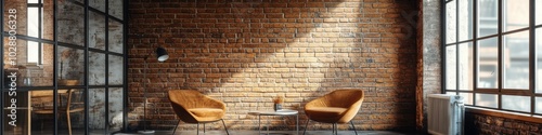 Cozy urban cafe interior with exposed brick walls and vintage furniture durin...