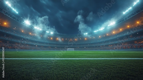 Nighttime soccer stadium illuminated with bright lights and excited crowd before the match