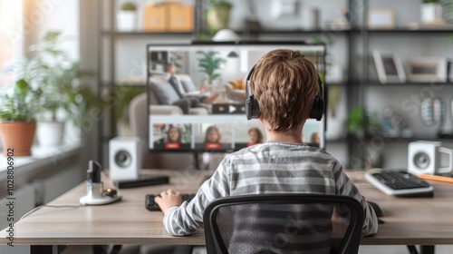 A young child sitting at a desk with headphones on, participating in a virtual classroom session, with a computer screen displaying a video call, symbolizing remote learning in a home environment.