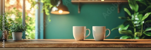 Cozy morning coffee on a wooden table in a sunlit room filled with green plants