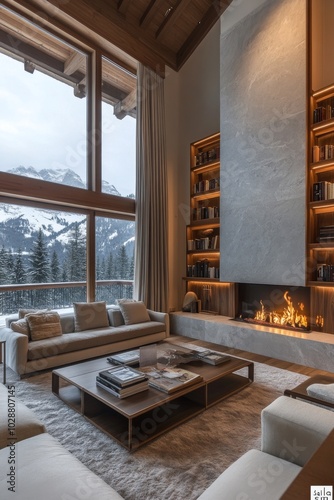 Cozy living room with a fireplace and snowy mountain view during winter
