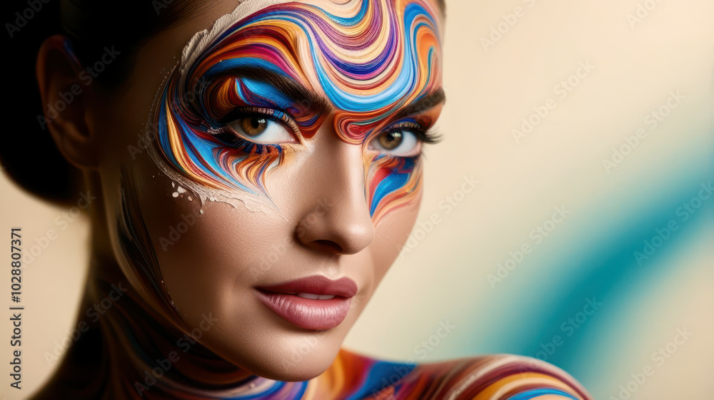 Naklejka premium A woman with colorful face paint and a blue background