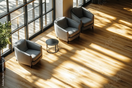 Cozy seating area with modern chairs and coffee table in a sunlit room