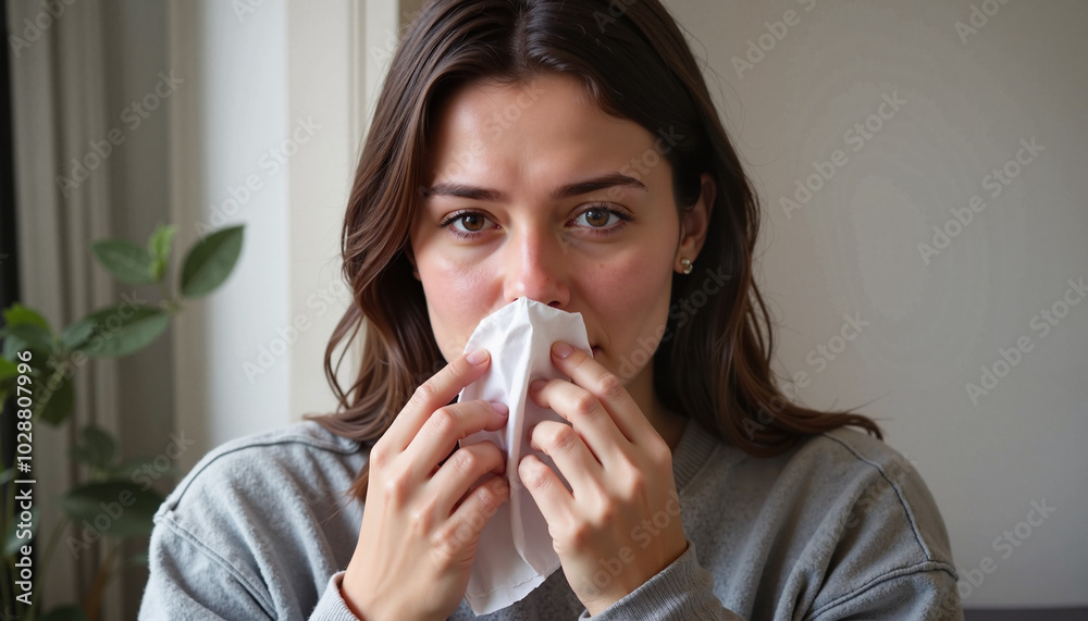 Young woman with a runny nose covering her nose with a tissue in a cozy indoor setting Young woman with a runny nose covering her nose with a tissue in a cozy indoor setting