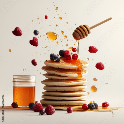 Delicious stack of pancakes topped with honey and fresh berries on a minimali...