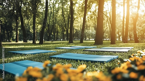 Sunlit park with yoga mats prepared for meditation photo