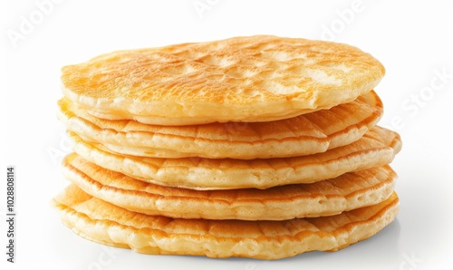 Stack of fluffy pancakes, white background, 4K hyperrealistic photo