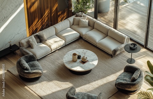 Modern living room with natural light, plants, and stylish furniture in a con...