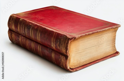 A classic red hardcover book resting on a clean white surface in bright light
