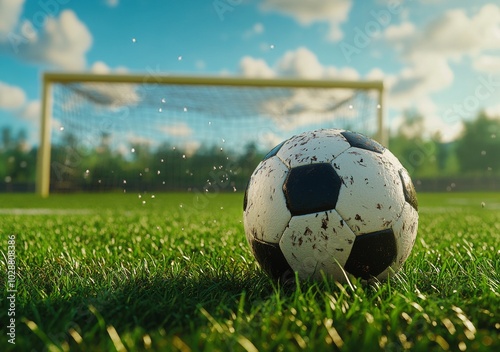 A close up view of a soccer ball on green grass in a well maintained sports f...