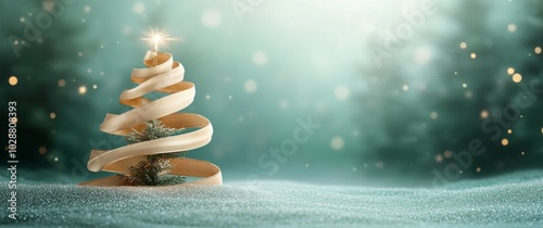 Decorative golden ribbon shaped like a Christmas tree on a softly illuminated...