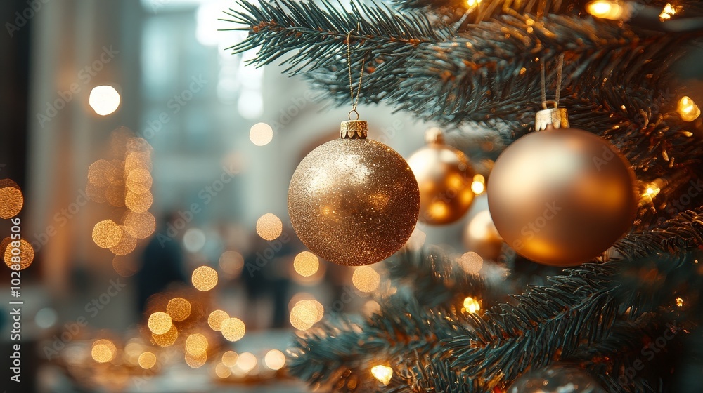 Festive Christmas Tree with Shiny Ornaments and Garland in a Bokeh Office Party Scene, Close-Up on Glass Baubles and Pine Branches, Cinematic Lighting Enhances Holiday Atmosphere. Festive Christmas Tree with Shiny Ornaments and Garland in a Bokeh Office Party Scene, Close-Up on Glass Baubles and Pine Branches, Cinematic Lighting Enhances Holiday Atmosphere.