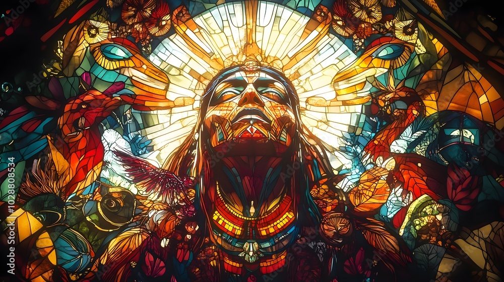 Obraz premium Colorful Stained Glass Window with Native American Figure