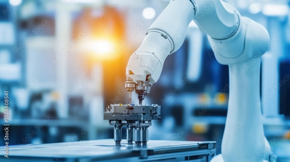 Advanced robotic arm working on automotive parts in a high-tech factory, streamlining the production process with precise movements Advanced robotic arm working on automotive parts in a high-tech factory, streamlining the production process with precise movements