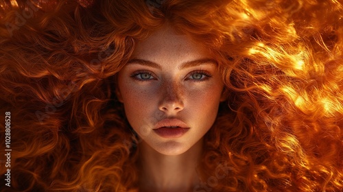 Fiery Portrait of a Slavic Woman with Red Curly Hair and Freckles in Golden Light