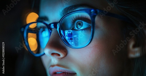 Young woman with glowing glasses immersed in digital technology at night