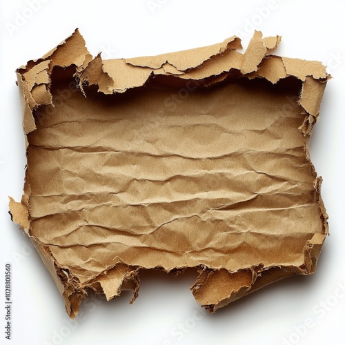 A vintage piece of torn brown paper with rugged edges and crumpled texture ly...