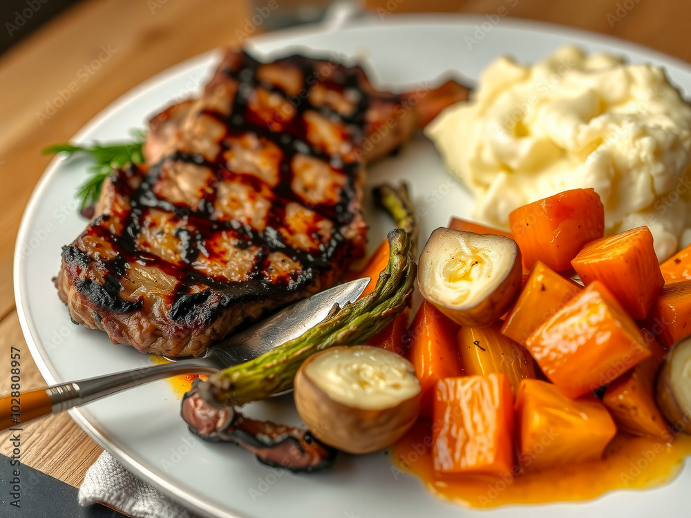 A plate of food with a steak, potatoes, and asparagus. The steak is cooked medium rare and is accompanied by a side of mashed potatoes and steamed asparagus. The plate is set on a wooden table A plate of food with a steak, potatoes, and asparagus. The steak is cooked medium rare and is accompanied by a side of mashed potatoes and steamed asparagus. The plate is set on a wooden table