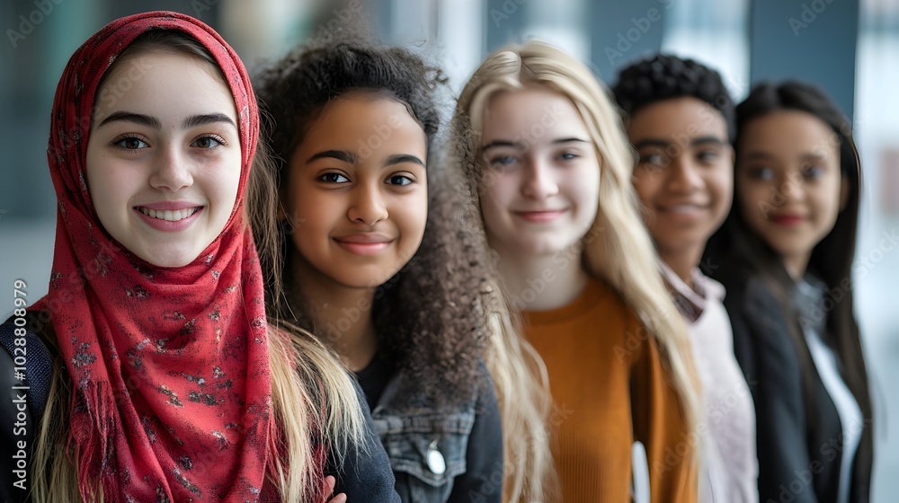 Diverse group of young female students standing together and smiling in a casual,friendly manner,representing the concept of education,community,and inclusion. Diverse group of young female students standing together and smiling in a casual,friendly manner,representing the concept of education,community,and inclusion.