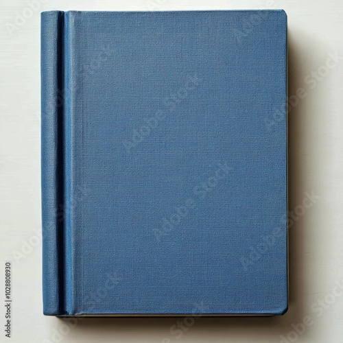 A closed blue fabric covered book lying on a white surface under soft lighting