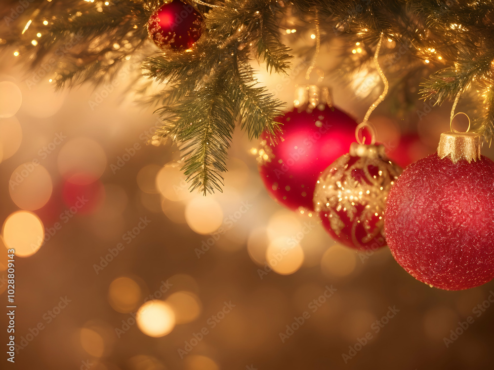Obraz premium 빛을 반사하는 금색과 은색으로 아름답게 제작된 크리스마스 장식품 클로즈업. 부드럽고 흐릿한 홀리데이 조명을 배경으로 프리미엄, 축제 분위기, 우아한 분위기를 선사합니다.