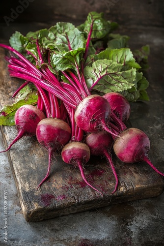 Freshly sliced beetroots displayed in a rustic wooden bowl with whole beets i...